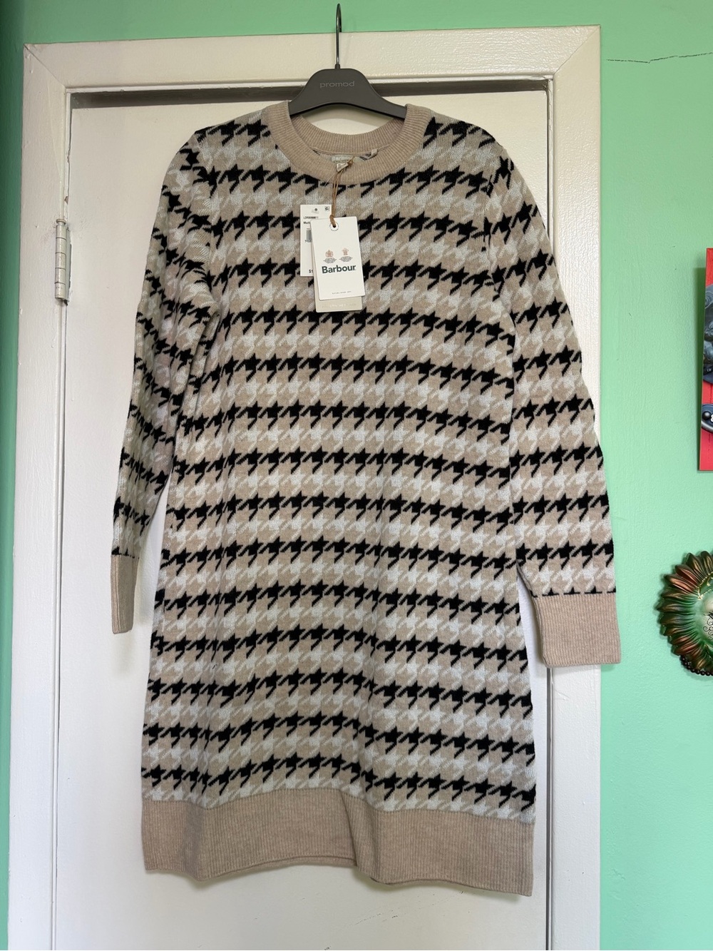 Barbour Beige Houndstooth Sweater Dress